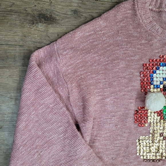 Vintage Europe by David Wells Knit Sweater Pink Christmas Holiday Sequin Teddy M - Picture 2 of 8
